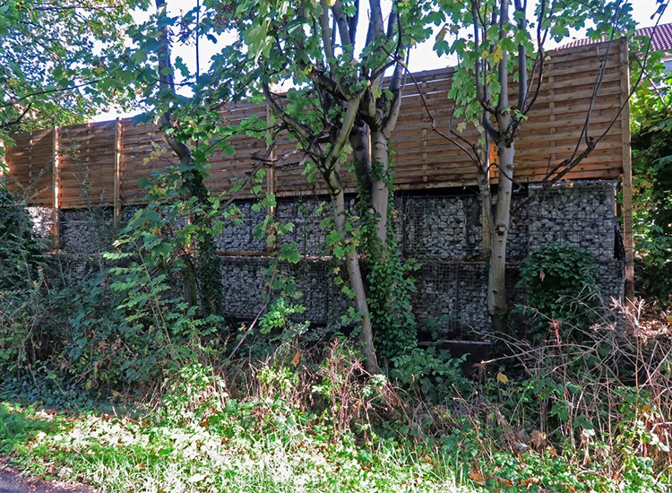 a wall with trees in the foreground